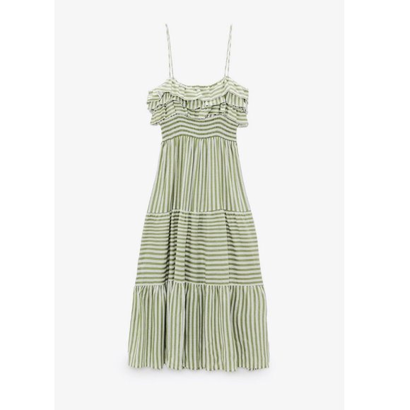 ZARA GREEN WHITE SPAGHETTI STRAP STRIPED MIDI TIERED RUFFLE DRESS - Picture 5 of 5